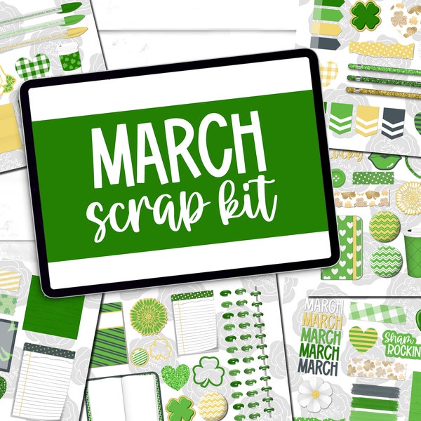 March Scrap Kit Digital Sticker Set, GoodNotes, ZoomNotes, PNGs, Planner Stickers
