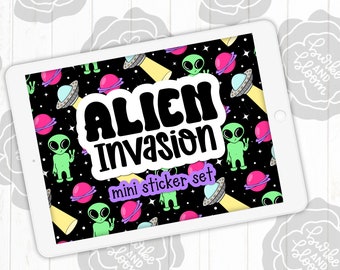 Alien Invasion Digital Sticker Set, Planner Stickers, GoodNotes, ZoomNotes, PNGs