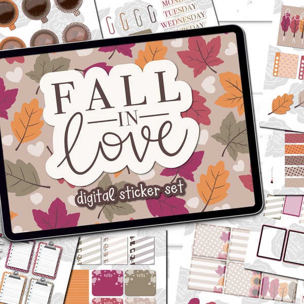 Fall In Love Digital Sticker Set, GoodNotes, ZoomNotes, PNGs, Planner Stickers