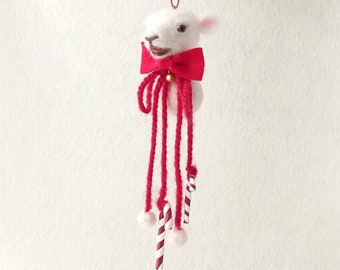 Needle Felted Sheep Ornament with Candy Cane,Ramb,Goat,Miniature,Home-decor,animal felt,Decorations,woolen,baby shower,Pompom