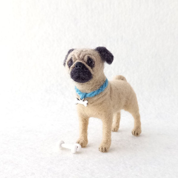 Needle Felted Miniature Pug Dog Figurine,Wool,Tiny,One of a Kind, with box and bone ,Replica,Woolen,Puppy,