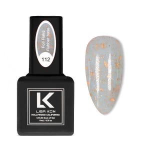 May include: A black nail polish bottle with the text "Foil Flake Rubber base" and "112". The bottle is next to a nail swatch with a light blue base and gold foil flakes. The bottle reads "LISA KON HOLLYWOOD CALIFORNIA UVILED Soak off Gel 10ml / 0.35 oz".