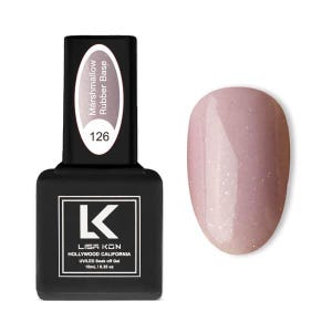 May include: A black bottle of Lisa Kon nail gel with the text "Marshmallow Rubber Base" and the number "126". Next to it is a nail swatch in a light pink color with glitter. The bottle reads "Hollywood California" and "10ml / 0.35 oz".