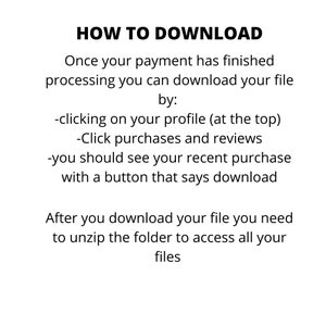 May include: White background with black text. The text reads "HOW TO DOWNLOAD" followed by instructions on how to download a file after purchase, including clicking on your profile and purchases.