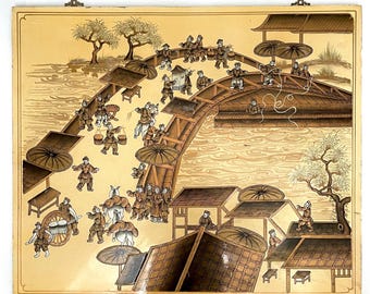 Vintage Chinese Lacquer Wall Panel: Ming Dynasty Scenic Art