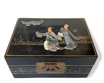 Caixa de joias laqueada vintage, incrustações de jade e madrepérola, estilo chinoiserie