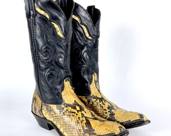 VTG Dan Post / Code West Natural Python Snakeskin Black Leather Cowboy Cowgirl Boots Sz 6 USA Vintage