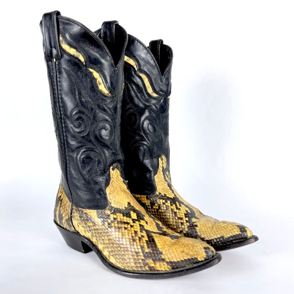 VTG Dan Post / Code West Natural Python Snakeskin Black Leather Cowboy Cowgirl Boots Sz 6 USA Vintage