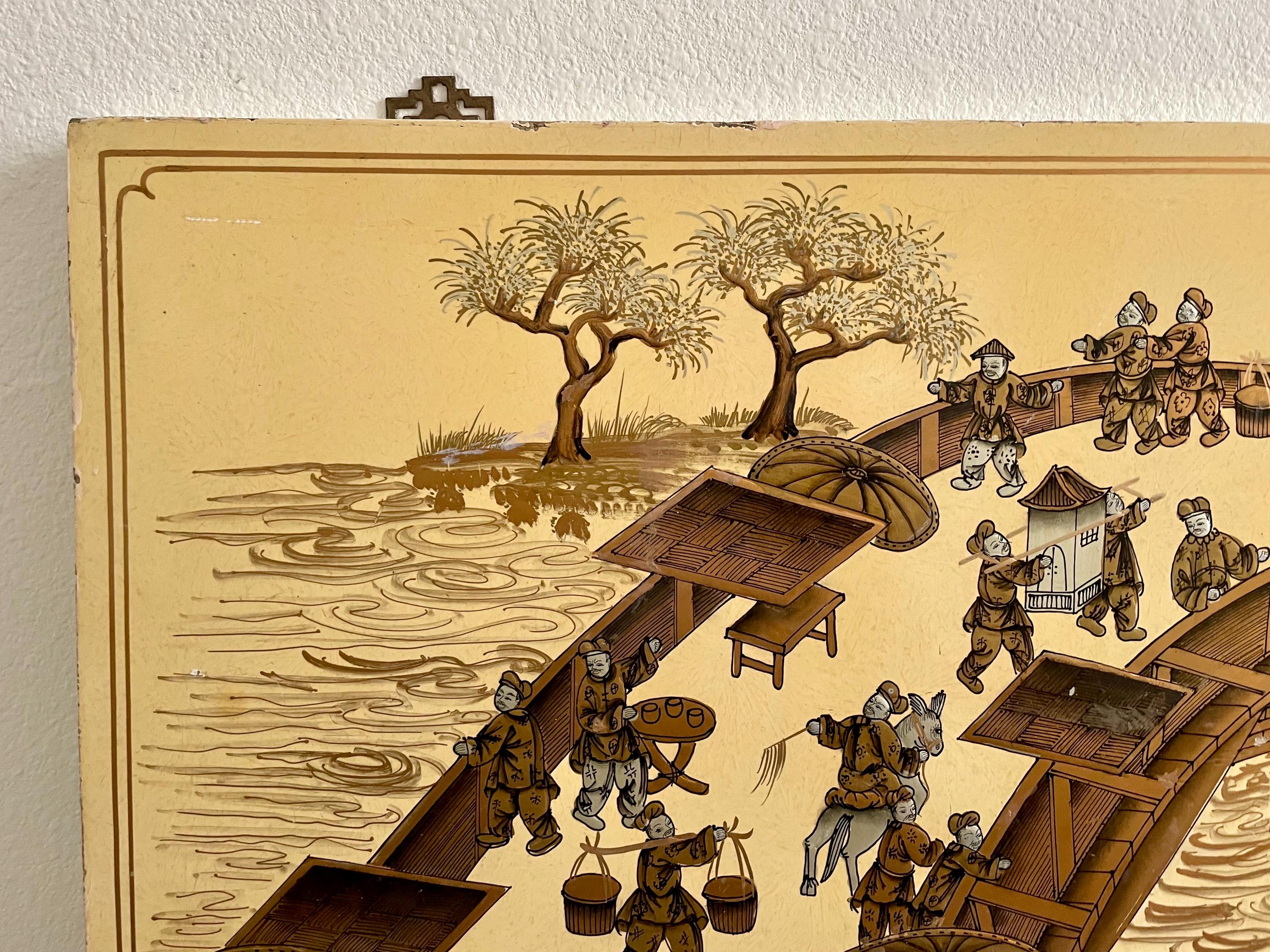 VTG Large Chinese Ivory Lacquer Wall Painting Panel on Wood