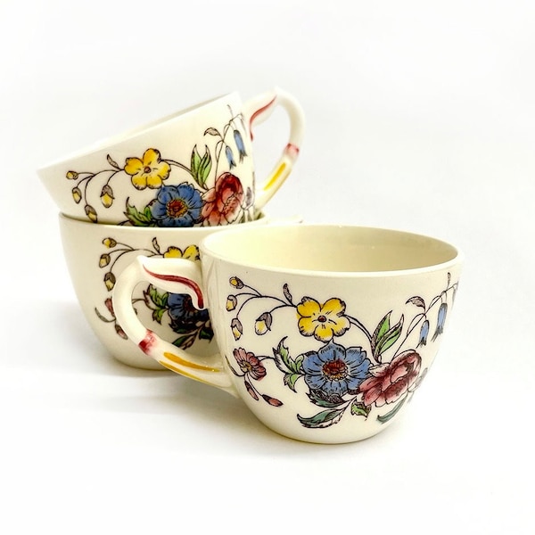 VTG Vernon Kilns Vernonware “Mayflower” Tea Cups Hand Painted 1930’s California Set of Three Vintage China