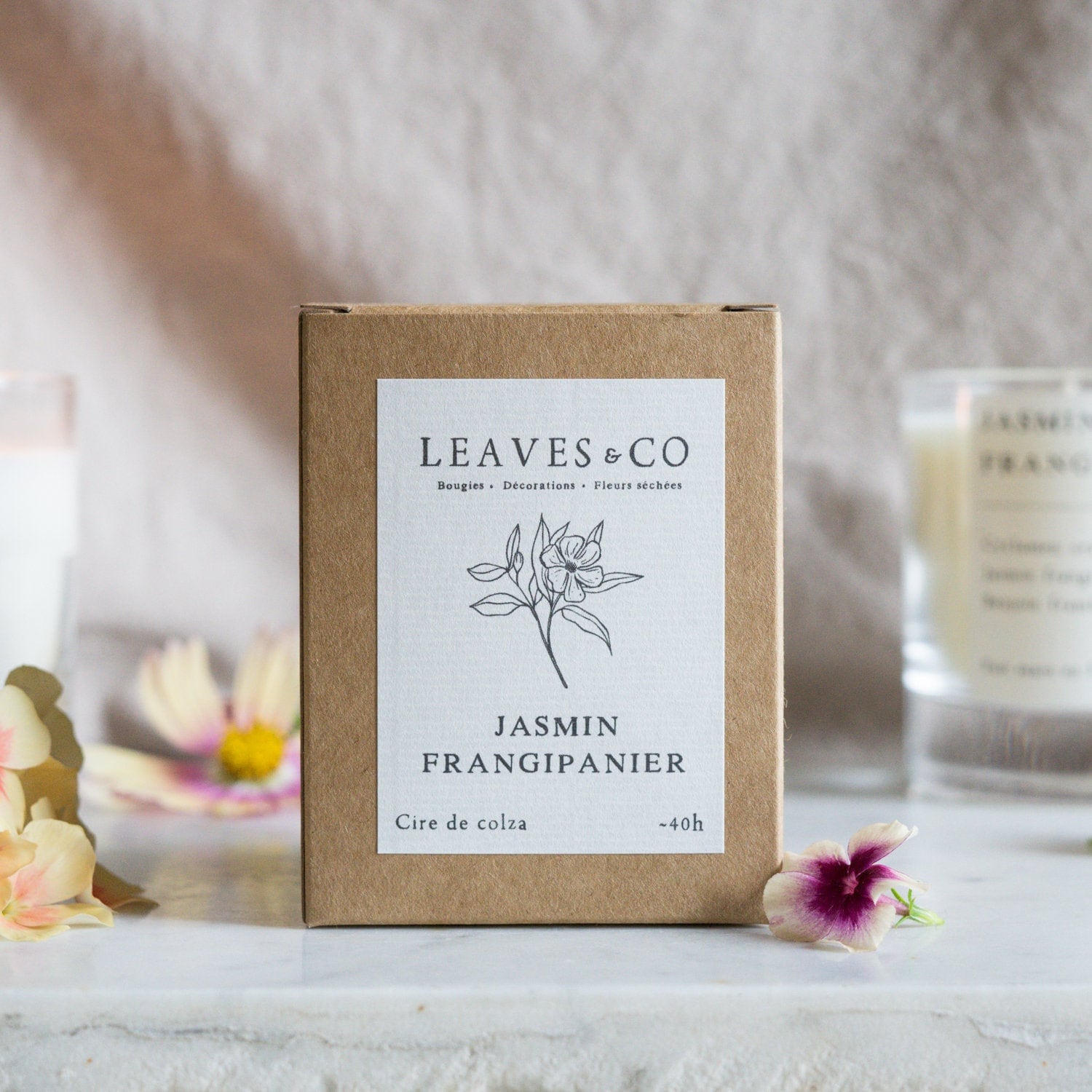 Bougie Parfumée Senteur Jasmin Frangipanier, Fabrication Artisanale, Cire de Colza Naturelle.