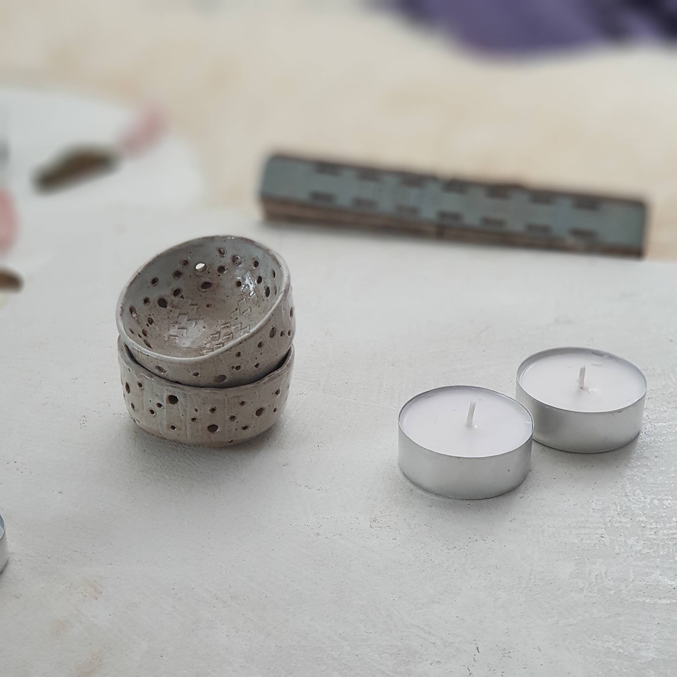 Ceramic Tea Light Candle Holders in an Earthy Concrete Grey/ Ceramic