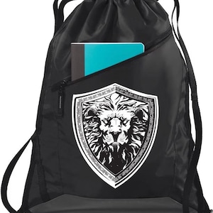 May include: Black drawstring bag with a zippered pocket and a white lion head graphic inside a shield. The bag has a gray bottom and white drawstrings.