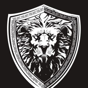 May include: A black and white illustration of a lion's face inside a shield with a Celtic knot border.