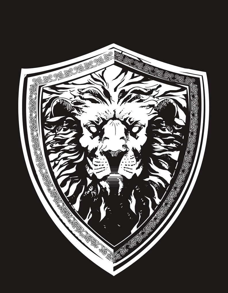 May include: A black and white illustration of a lion's face inside a shield with a Celtic knot border.