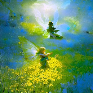 May include: Two fairies with translucent wings are in a field of yellow flowers. The fairy in the foreground has a butterfly-shaped wing and is looking at the other fairy. The fairy in the background has a more traditional fairy wing and is looking down.