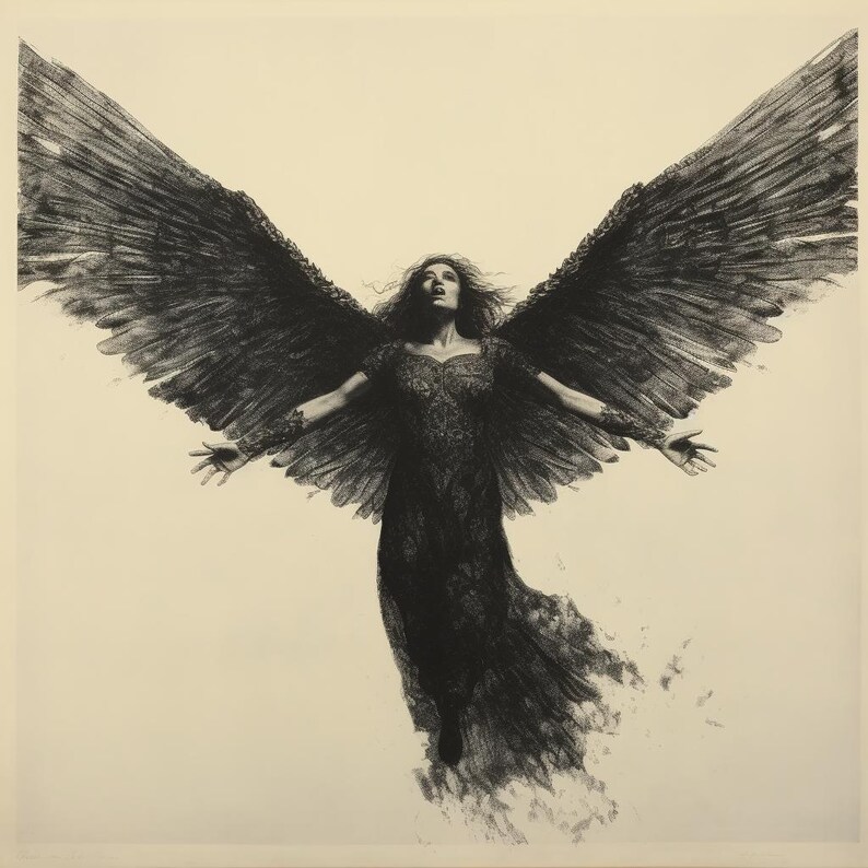 May include: A black and white drawing of an angel with large wings spread wide. The angel is wearing a long, flowing dress and has long hair.
