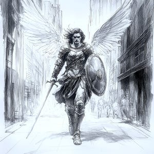Puede incluir: Un dibujo en blanco y negro de una figura alada con armadura, sosteniendo una espada y un escudo, caminando por una calle de la ciudad.