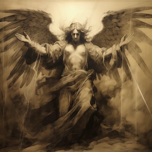 Puede incluir: Un dibujo en blanco y negro de un ángel con grandes alas, una larga túnica fluida y una expresión seria. El ángel está de pie con los brazos extendidos, como si estuviera bendiciendo.