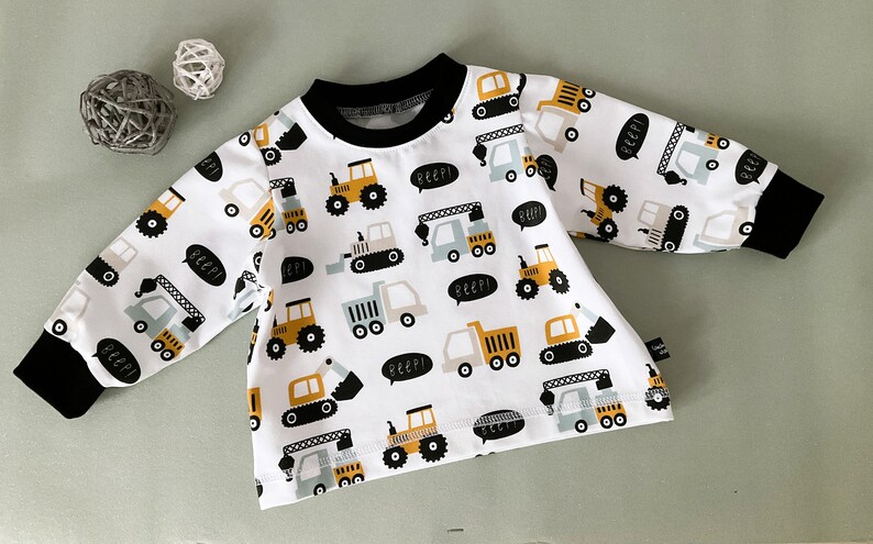 Gr. 74 Langarm Baby Shirt Pullover Sweatshirt Junge weiß schwarz ÖkoTex Bagger Baustelle Traktor image 3