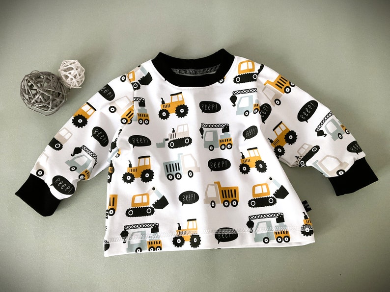 Gr. 74 Langarm Baby Shirt Pullover Sweatshirt Junge weiß schwarz ÖkoTex Bagger Baustelle Traktor image 1