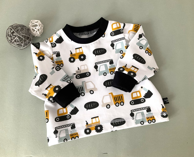 Gr. 74 Langarm Baby Shirt Pullover Sweatshirt Junge weiß schwarz ÖkoTex Bagger Baustelle Traktor image 2