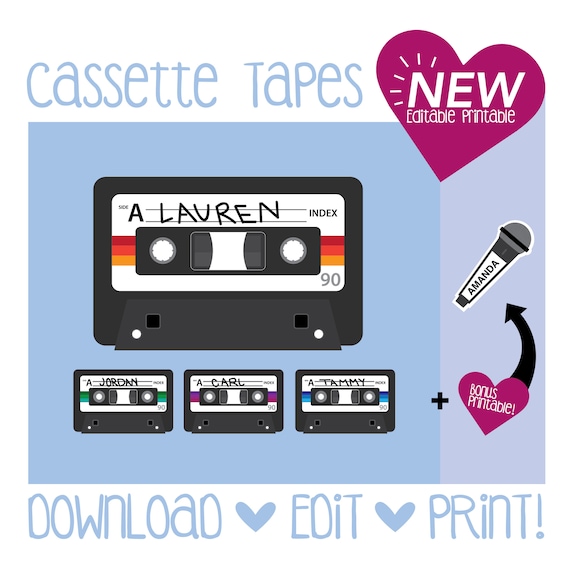 Cassette Tapes Music Vintage 70 S Theme Microphone Editable Printable Door Dec Ra Resident Assistant Teacher Name Tags