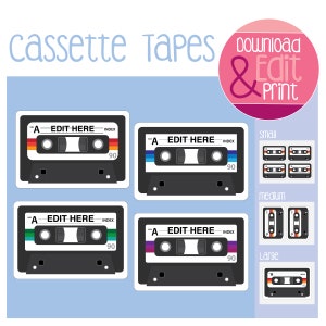 May include: Four printable cassette tape designs with the text "A EDIT HERE INDEX 90" on each. The tapes have different coloured stripes. The designs are labelled "small", "medium", and "large".