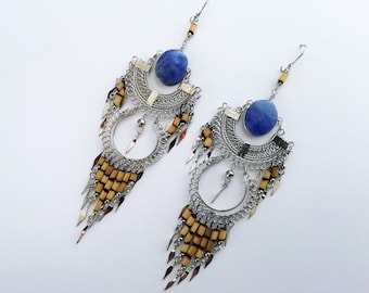 Bohemian earrings Boho Earrings Tribal Earrings Balinese Style Ethnic earrings long chandelier bamboo earrings natural stone blue sodalite