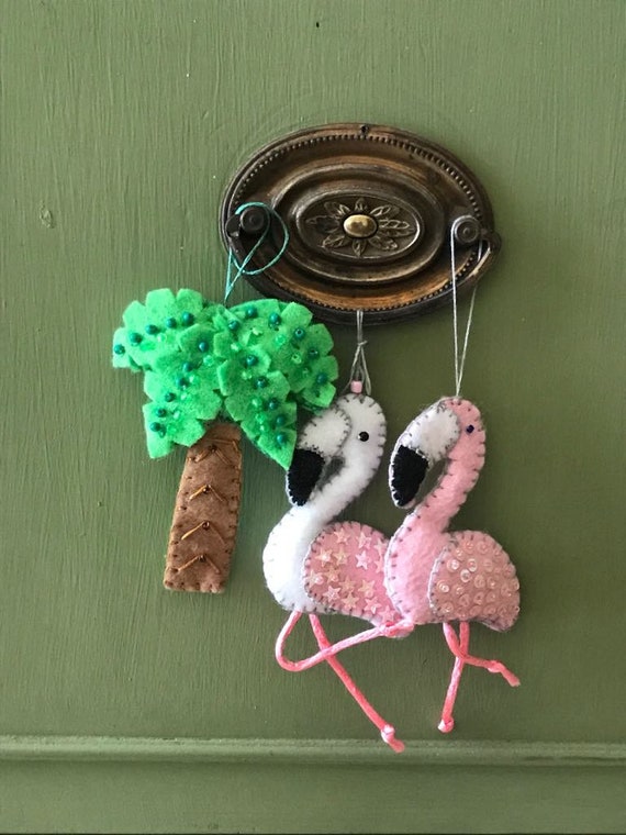 Flamingos Palms Felt Decoration Tropical Gifts Hanging Etsy