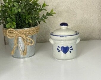 Small Stoneware Blue Heart Sugar Bowl, Crock Pottery Country Vintage