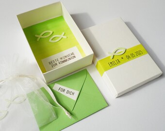 Kommunion Geschenk Verpackung Geldgeschenk grün Konfirmation Namen, Datum, personalisierbar