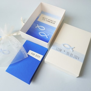 Kommunion Geschenk Geldgeschenk blau Junge Namen, Datum, personalisierbar
