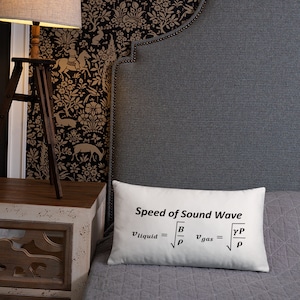 May include: A rectangular white throw pillow featuring black printed text that reads Speed of Sound Wave followed by the physics formulas for the speed of sound in a liquid and a gas, specifically v_liquid equals the square root of B over rho.