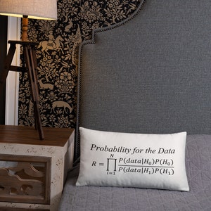 May include: A rectangular white throw pillow featuring the black printed text Probability for the Data followed by the mathematical likelihood ratio formula R equals the product from i equals 1 to N of P data given H0 times P H0 over P data given H1 times P H1.