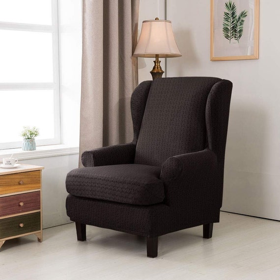 Black subrtex 2-Piece Granule Jacquard wingback Chair Slipcover High Elastic Armchair Cover Waffle Fabric Back Furniture Protector for Living Room Spandex Stretch Sofa Slipcovers