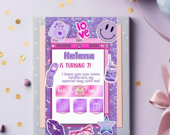 May include: A birthday invitation with a pink and purple theme. The invitation features the text "Helena is turning 7!" and includes decorative stickers of a camera, a smiley face, and a star. The invitation is on a gift box with balloons in the background.