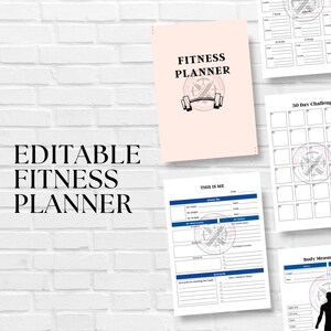 May include: A fitness planner with the text "FITNESS PLANNER" on the cover. The planner is light pink with a barbell and compass design. Additional pages include a "THIS IS ME" section and a 30-day challenge.