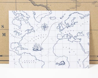 Postal náutica con mapa del tesoro – tarjeta de felicitación vintage con mapa del mundo DIN A6 – papel reciclado – Hecho en Alemania – regalo para viajes, aventuras, playa y decoración