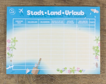Spielblock Stadt Land Urlaub – Maritimes Reisespiel im DIN A5 Format – 50 Blatt Recyclingpapier