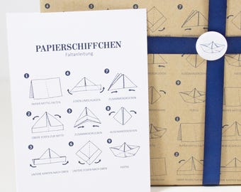 Barco de papel para postal náutica – Instrucciones para plegar un barco de origami DIN A6 – Papel reciclado – Hecho en Alemania – Regalo DIY para niños – Playa