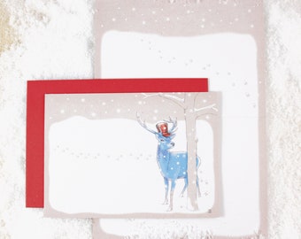 Grußkarte Hirsch im Schnee (roter Umschlag)