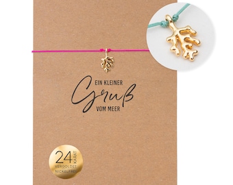 Pulsera de macramé de coral, bañada en oro de 24 quilates – Regalo náutico para novia – Un pequeño saludo desde el mar – Pulsera con tarjeta