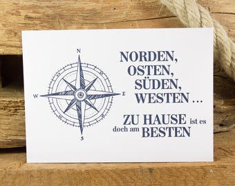 Postal náutica "El hogar está donde está el corazón" - Tarjeta con cita de brújula DIN A6 - Papel reciclado - Hecho en Alemania - Regalo para el hogar y el amor