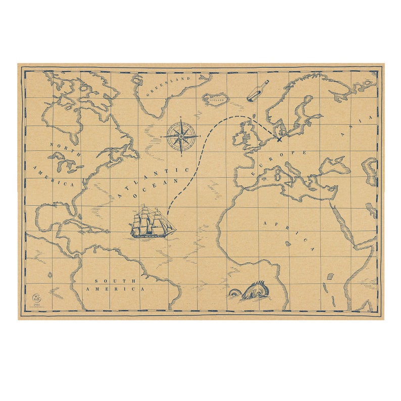 Nautical gift wrap world map – treasure map design on recycled paper 69 x 48 cm – sailing ship Atlantic – also usable as a poster image 1