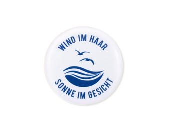 Imán para nevera "Viento en tu pelo, sol en tu cara" – Imán con frase náutica y mar – 3,7 cm – Azul y blanco – Imán para cocina y pizarra blanca