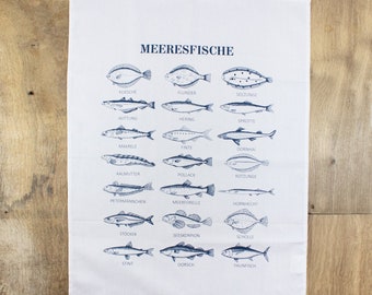 Blue and white tea towel made of pure cotton – sea fish motif – maritime kitchen towel with fish design