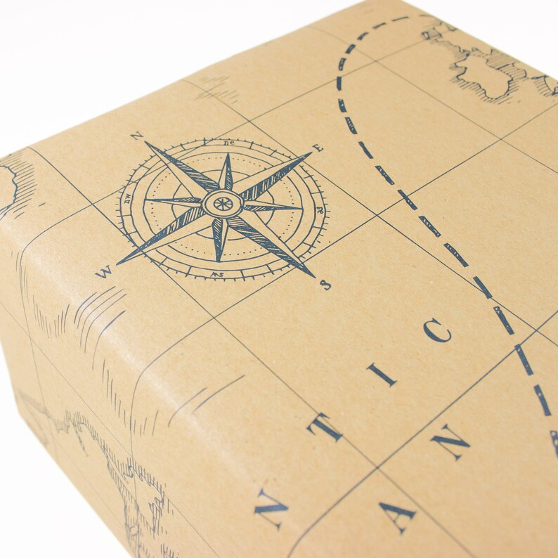 Nautical gift wrap world map – treasure map design on recycled paper 69 x 48 cm – sailing ship Atlantic – also usable as a poster image 2