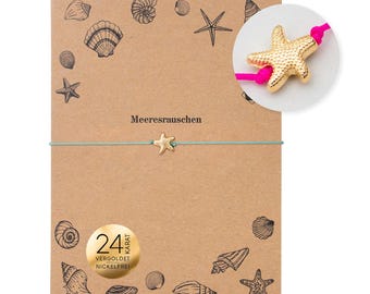 Pulsera de macramé con estrella de mar, baño de oro de 24 quilates – regalo náutico para novia – sonido del mar – pulsera con tarjeta