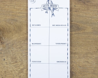 Einkaufsliste Fette Beute – Notizblock 10 x 21 cm – Maritimer Einkaufszettel aus Recyclingpapier